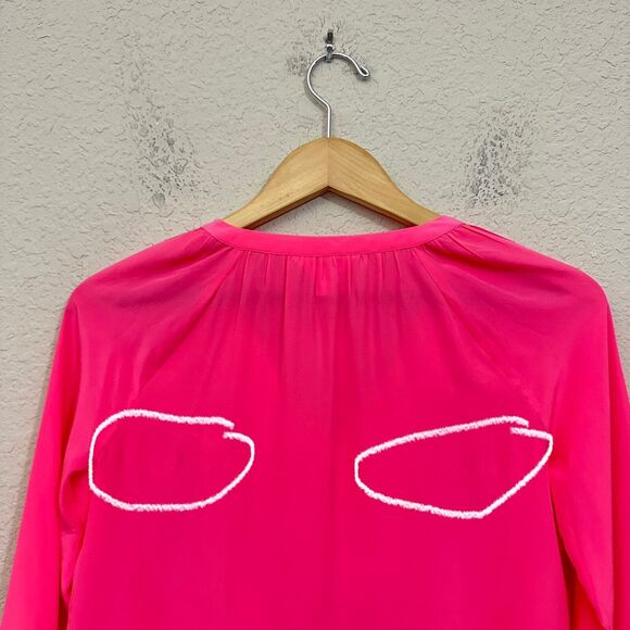 LILLY PULITZER Saria Top Blouse Pink Silk Satin Puff Sleeve Tasseled - Picture 9 of 13